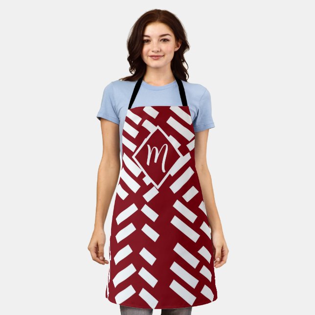 Red Minimalist Diagonal Striped Pattern, Monogram Apron (Worn)