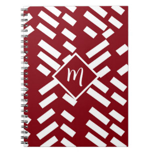 Red Minimalist Diagonal Striped Pattern, Monogram Notebook