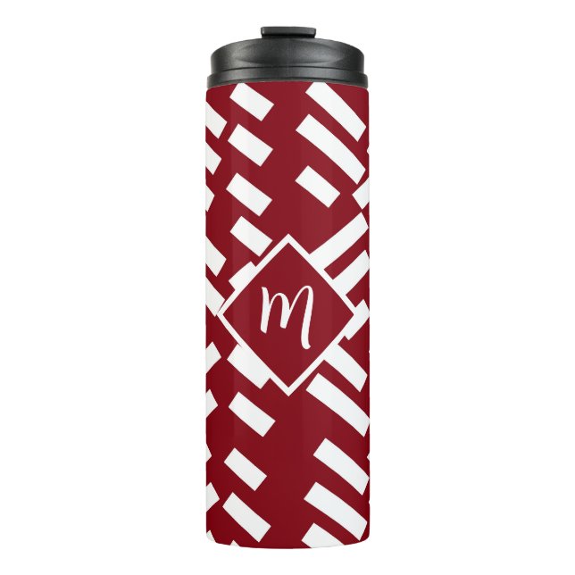 Red Minimalist Diagonal Striped Pattern, Monogram Thermal Tumbler (Front)