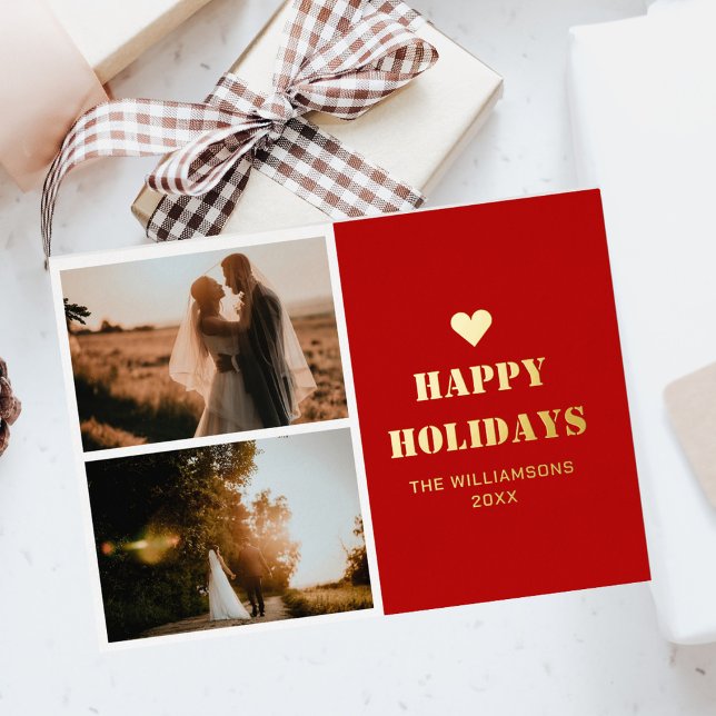 Red Minimalist Happy Holidays 2 Photo Christmas Foil Holiday Card (Creator Uploaded)