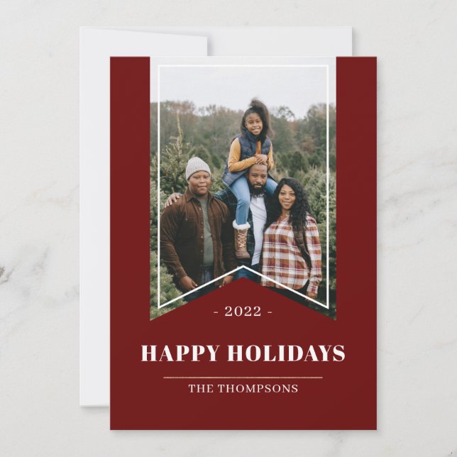 Red Minimalist Happy Holidays Photo Ribbon 2022 Holiday Card (Front)