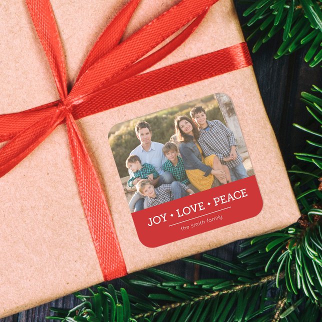 Red Minimalist Joy Love Peace Holiday Photo Square Sticker (Creator Uploaded)