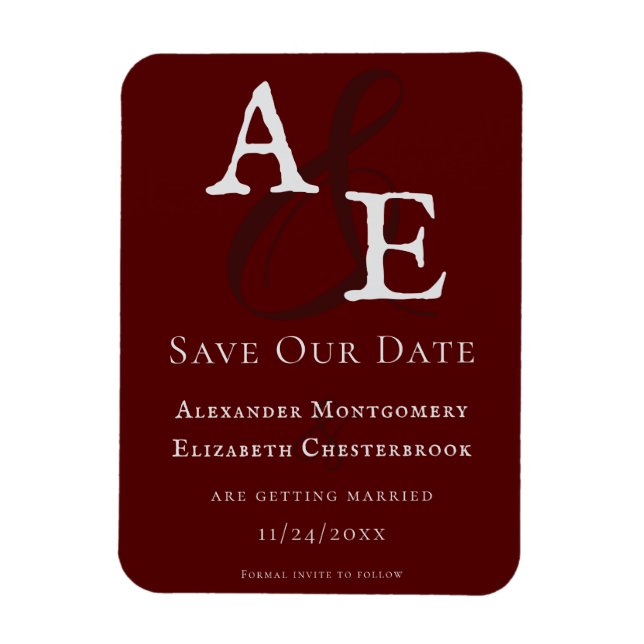 Red Minimalist Monogram Save the Date Magnet (Vertical)