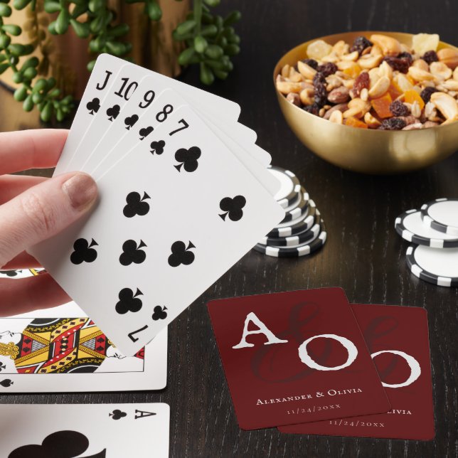Red Minimalist Monogram Wedding Favour Playing Cards (In Situ)
