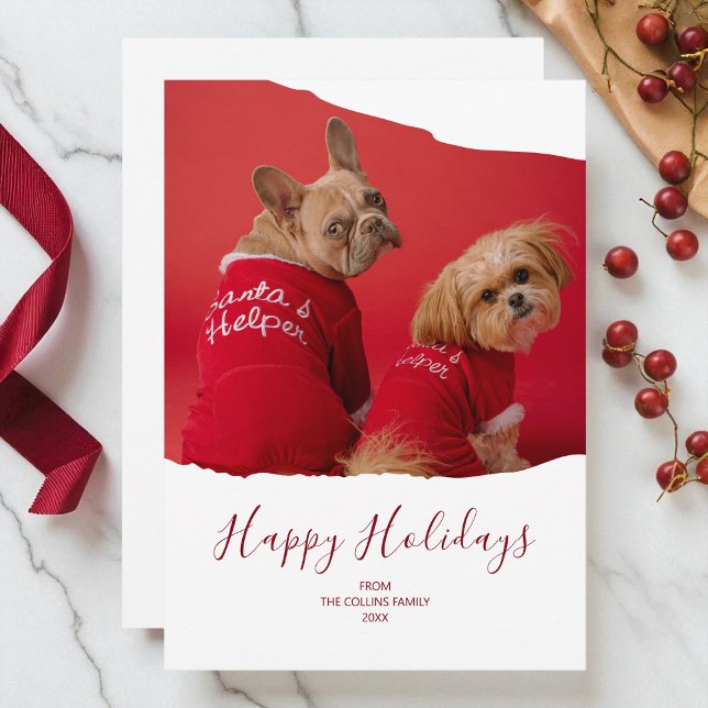 Red Minimalist Pet Photo Happy Holidays Christmas Holiday Card (Red Minimalist Pet Photo Happy Holidays Christmas Holiday Card)