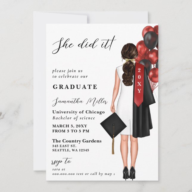 Red Minimalist Photo She Did It Graduation Invitation (Front)