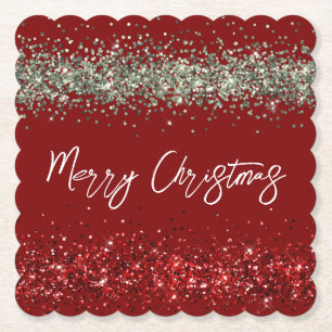 Red Mint Green Glitter Sparkle Christmas Paper Coaster