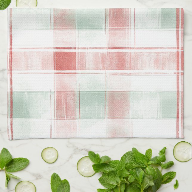 Red Mint Peppermint Mocha Plaid Stripes Christmas Tea Towel (Folded)