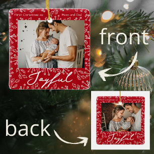 Red Mistletoe Doodles 2 Photos Joyful  Ceramic Ornament