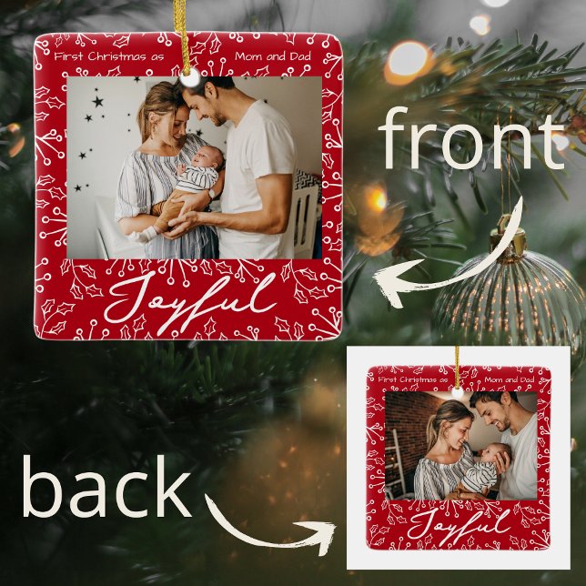 Red Mistletoe Doodles 2 Photos Joyful  Ceramic Ornament (Creator Uploaded)