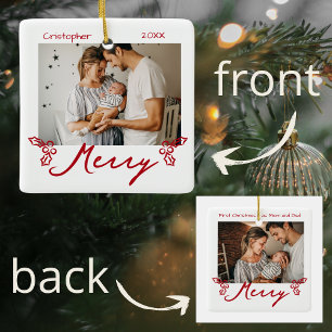 Red Mistletoe Doodles 2 Photos Merry Ceramic Ornament