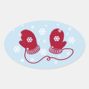 Red Mittens and Snowflakes Oval Sticker