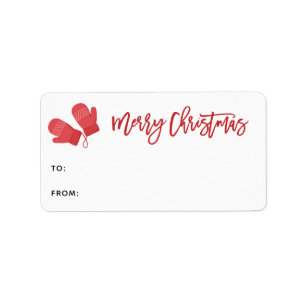 Red Mittens Merry Christmas Script Gift Label