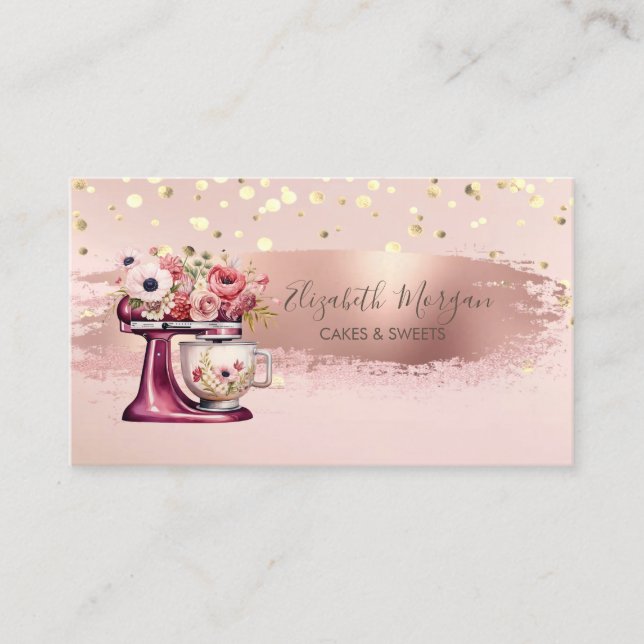 Red Mixer Flowers,Gold Confetti, Brush Stroke  Business Card (Front)