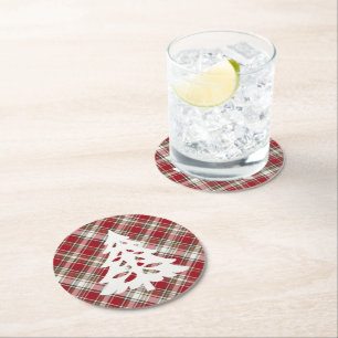 Red, Mocha & Cream Plaid with Tree Round Paper Coaster