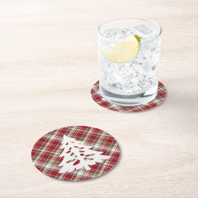 Red, Mocha & Cream Plaid with Tree 	 Round Paper Coaster (Insitu)