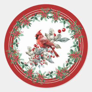 Red Mockingbird Poinsettia Borders Elegant Classic Round Sticker