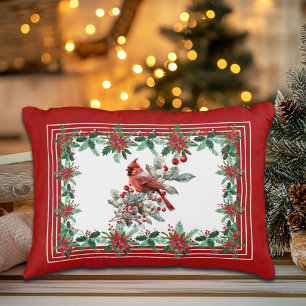 Red Mockingbird Poinsettia Borders Elegant Decorative Cushion