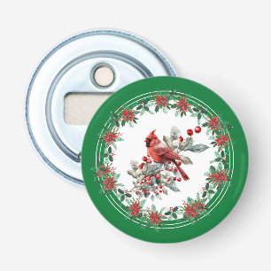 Red Mockingbird Poinsettia Borders Green Bottle Opener