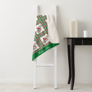 Red Mockingbird Poinsettia Borders Green Custom Sherpa Blanket
