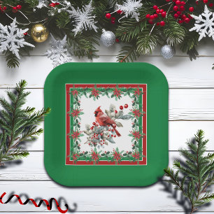 Red Mockingbird Poinsettia Borders Green Paper Plate