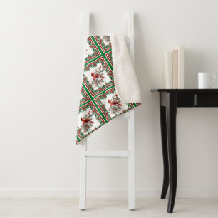 Red Mockingbird Poinsettia Borders Green Sherpa Blanket