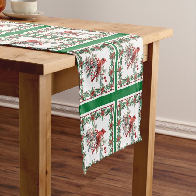 Red Mockingbird Poinsettia Borders Green Short Table Runner (In Situ)