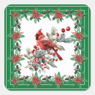 Red Mockingbird Poinsettia Borders Green Square Sticker