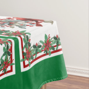 Red Mockingbird Poinsettia Borders Green Tablecloth