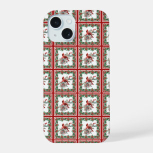 Red Mockingbird Poinsettia Borders Red iPhone 15 Case