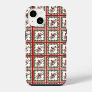 Red Mockingbird Poinsettia Borders Red iPhone 14 Case