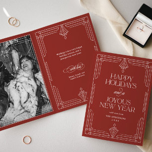 Red Modern Art Deco Happy Holidays Photo Holiday Card