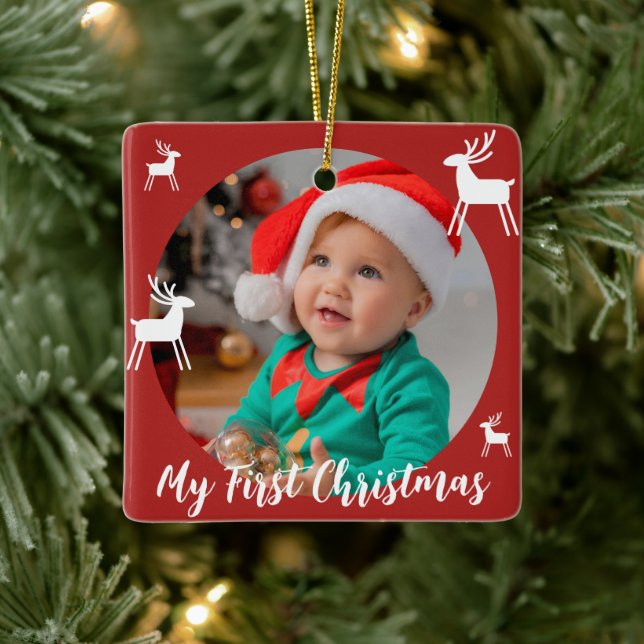Red Modern Baby First Christmas Photo Ceramic Ornament (Tree)