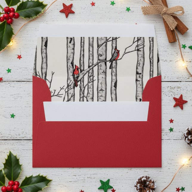 Red Modern Birch Trees and Cardinal Birds Envelope (Rustic Birch Trees, Red Cardinal Bird Envelopes in Festive Red and Ivory. Christmas Illustration)