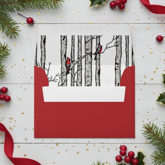Red Modern Birch Trees and Cardinal Birds Envelope (Rustic Birch Trees, Red Cardinal Bird Envelopes in Festive Red Simple Modern Christmas Illustration)