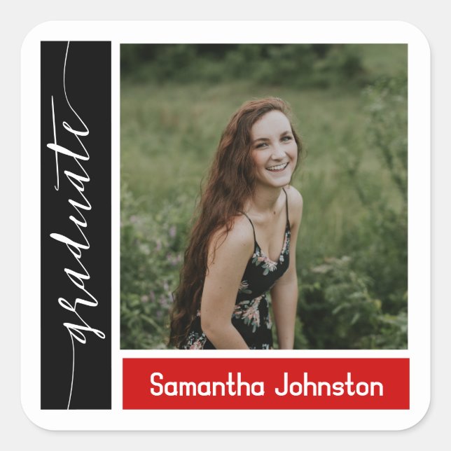 Red Modern Block Photo Graduation Square Sticker (Front)