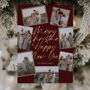 Red Modern Boho 8 Photo Collage Christmas Foil Holiday Card