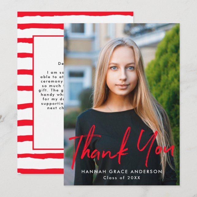 Red | Modern Brush Script Photo Graduation Thank You Card (Front/Back)