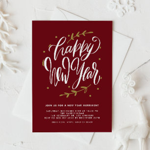 Red Modern Calligraphy and Wreath New Year Party Invitation