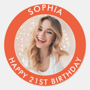 Red Modern Colorful Happy 21st Birthday Photo Classic Round Sticker