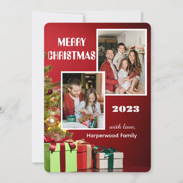 Red Modern Elegant Family Merry Christmas Photo Holiday Card (Front)