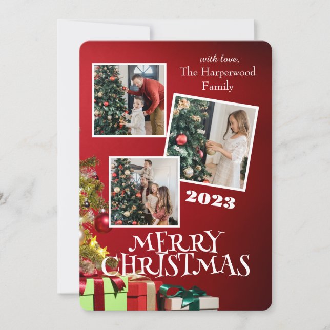 Red Modern Elegant Family Merry Christmas Photo Holiday Card (Front)