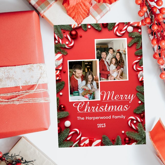 red Modern elegant family merry christmas Photo Holiday Card (Creator Uploaded)