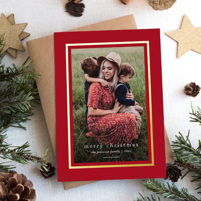 Red Modern Elegant Frame Simple Merry Christmas Foil Holiday Card (Creator Uploaded)