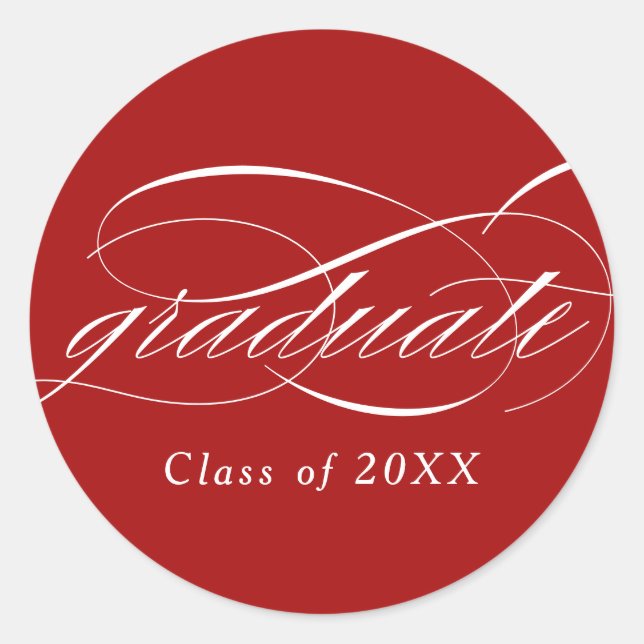 Red Modern Elegant Script Graduation Classic Round Sticker (Front)
