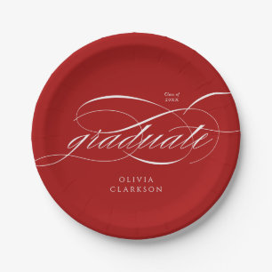 Red Modern Elegant Script Graduation Party Paper Plate