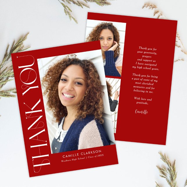 Red Modern Elegant Vertical Three Photo Graduation Thank You Card (Creator Uploaded)