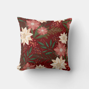 Red Modern Festive Christmas Poinsettia Holiday Cushion