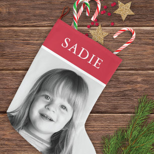 Red Modern Festive Photo + Name Holiday Large Christmas Stocking