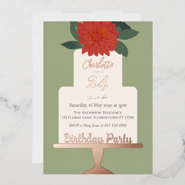 Red Modern  Floral Cake Birthday Party Gold  (Envelope)